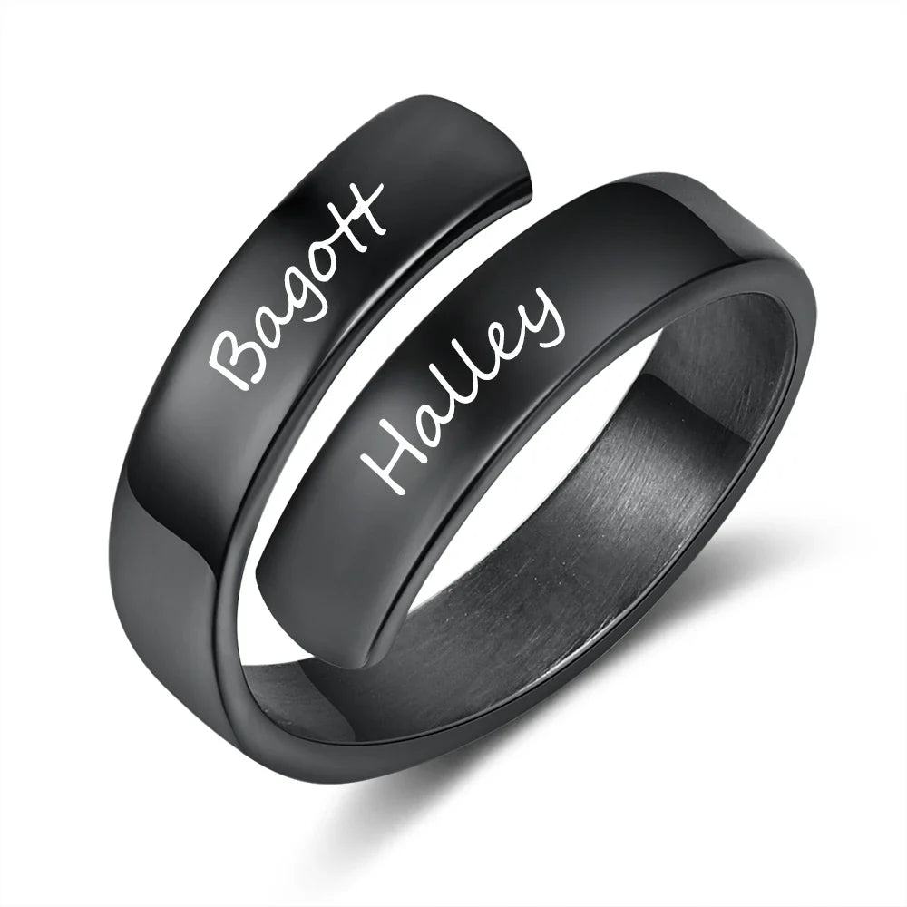 Black Custom Two Name Ring: Adjustable Band & Unisex