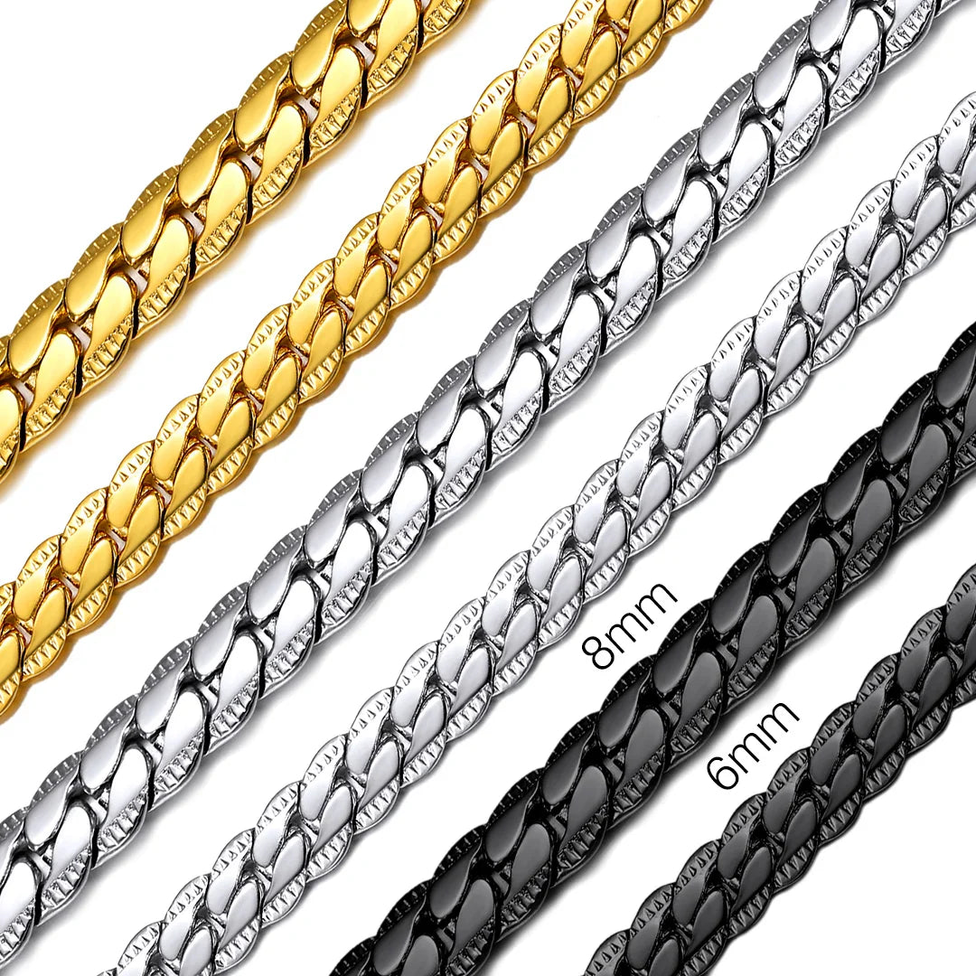 Stainless Steel Flat Chunky Snake Cuban Chain Necklaces in Gold, Black & Silver