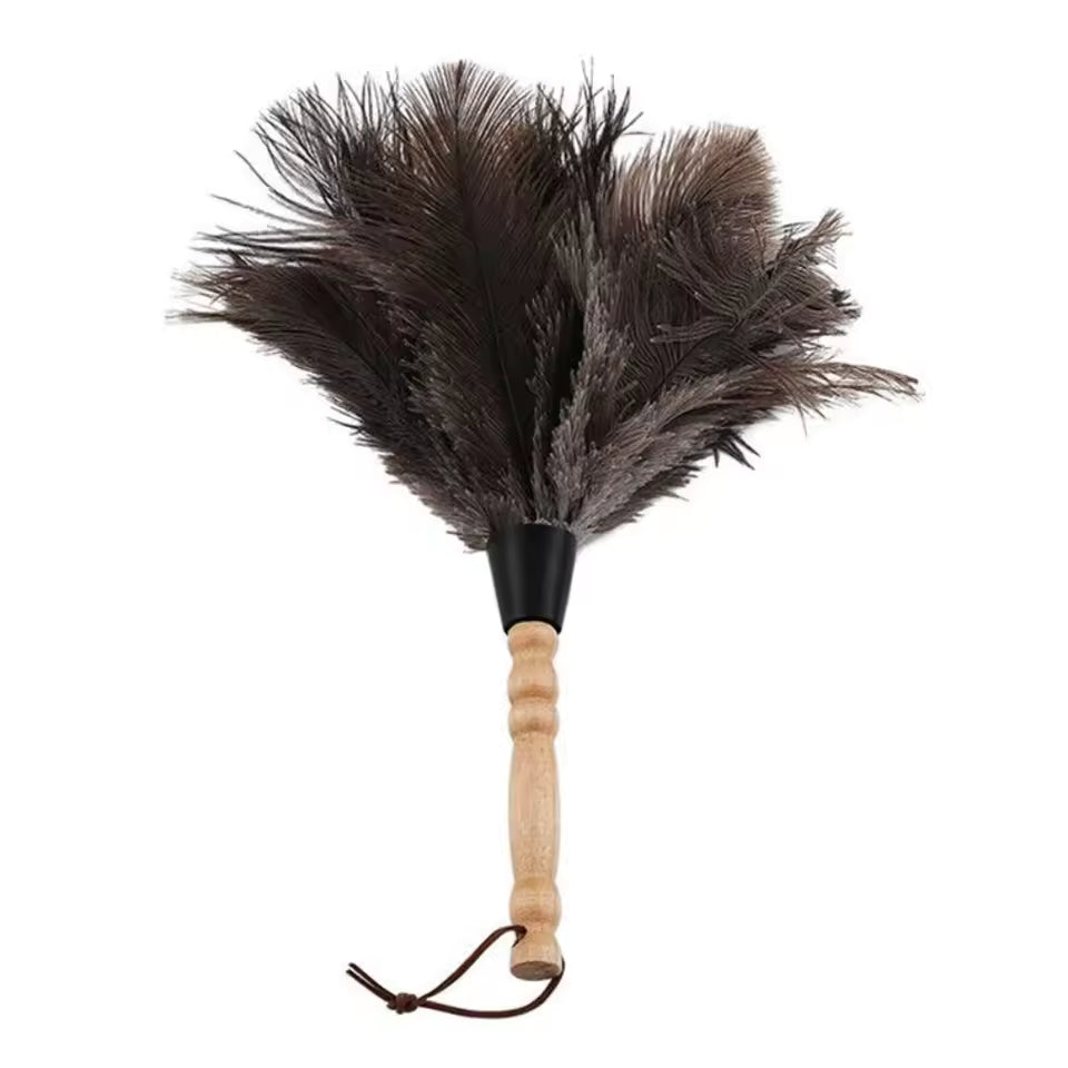 Feather duster with black feathers and a wooden handle similar to Ostrich Feather