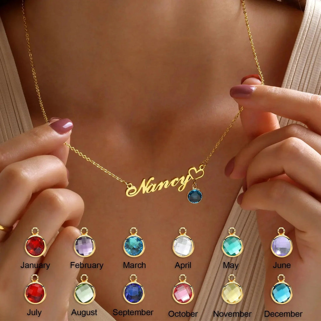 Personalized Women's Name Necklace Pendant with Birthstone