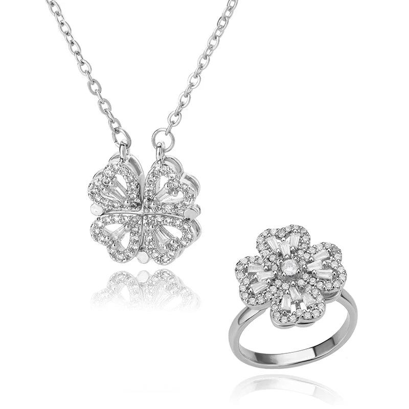 Lucky Four-Leaf Clover Magnetic Pendant Necklace & Ring Set - Heart Crafted Gifts