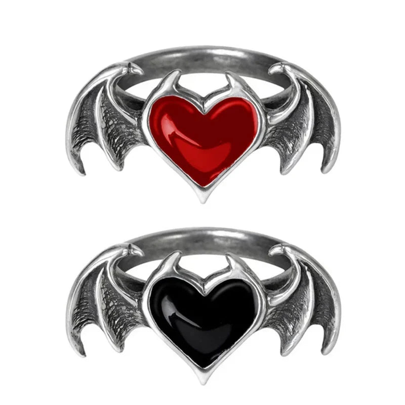 Gothic Heart Ring for Women Hip Hop Devil Wing Rin
