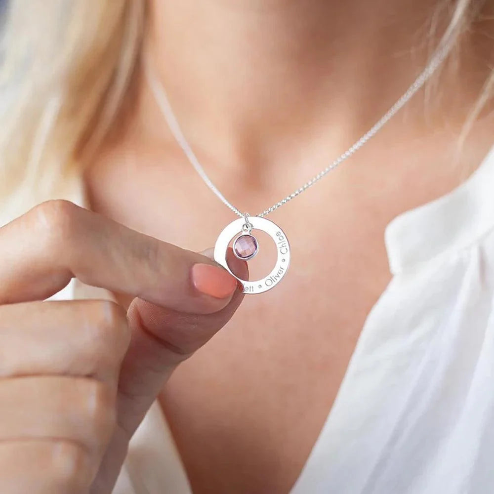 Custom Birthstone Charm Ring Pendant Necklace - Engraved Name, Gift