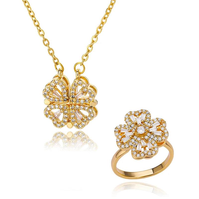 Lucky Four-Leaf Clover Magnetic Pendant Necklace & Ring Set - Heart Crafted Gifts
