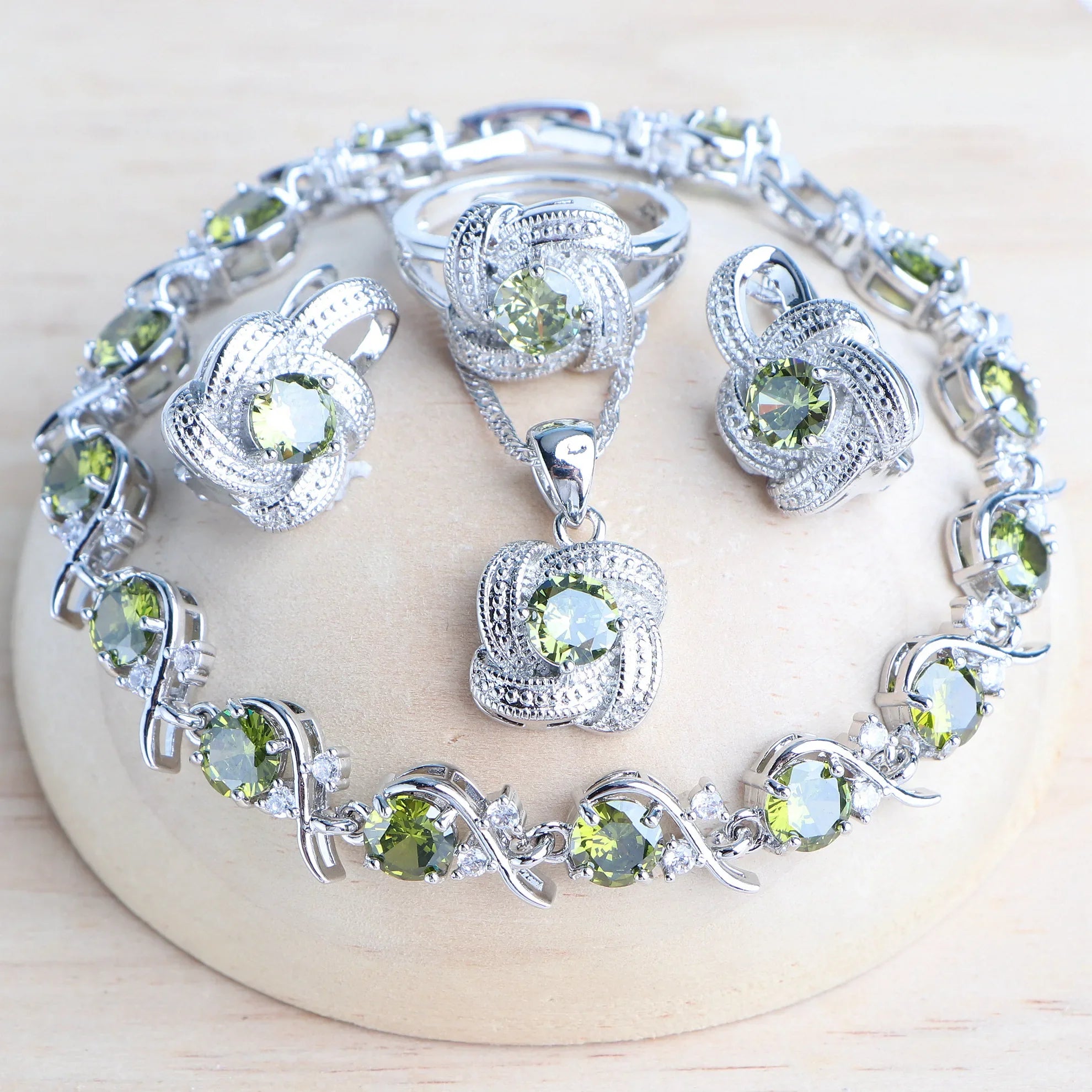 Olive Green Stone Bridal Jewelry set in 925 Sterling Silver | Heart Crafted Gifts