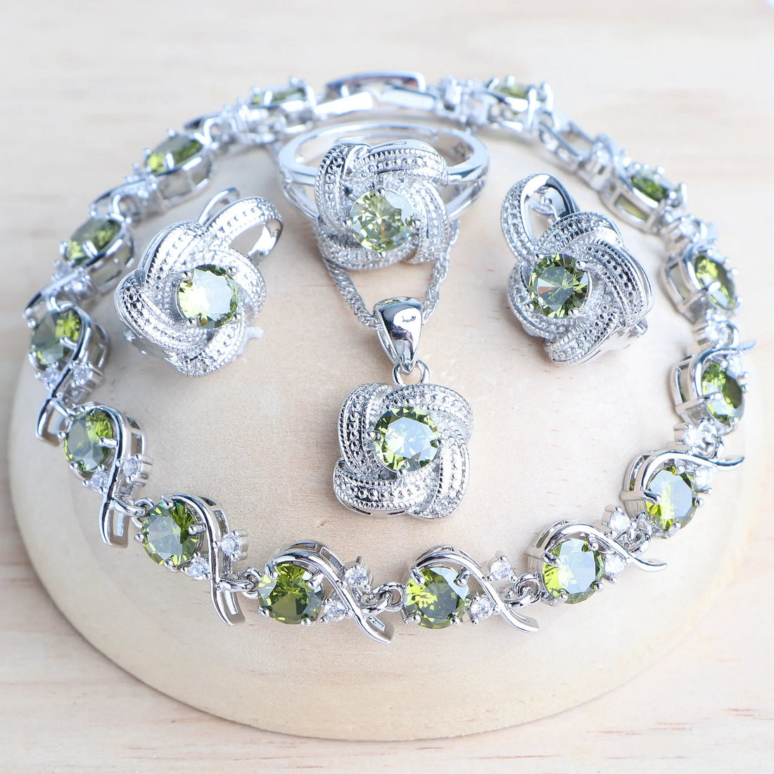 Olive Green Stone Bridal Jewelry set in 925 Sterling Silver | Heart Crafted Gifts