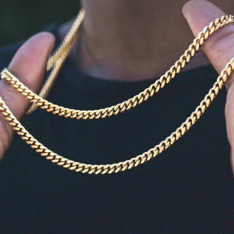 Cuban Link Chain Necklace in Stainless Steel, Black & Gold Color: Men & Women Jewelry