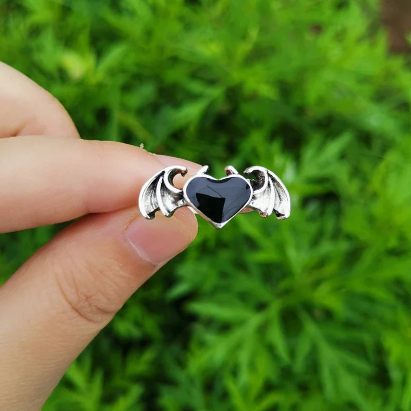 Gothic Heart Ring for Women Hip Hop Devil Wing Rin