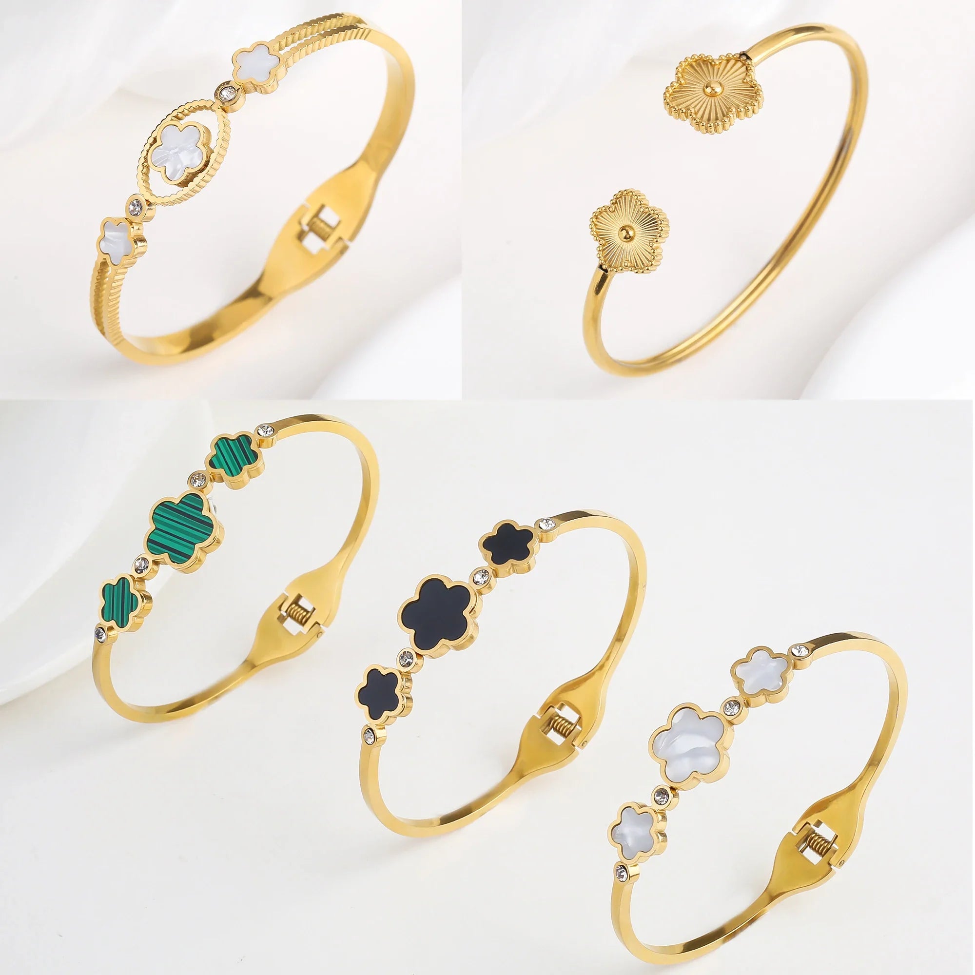 Simple Stainless Steel White Shell Five Leaf Flower Bangle Classic Clover Wrist