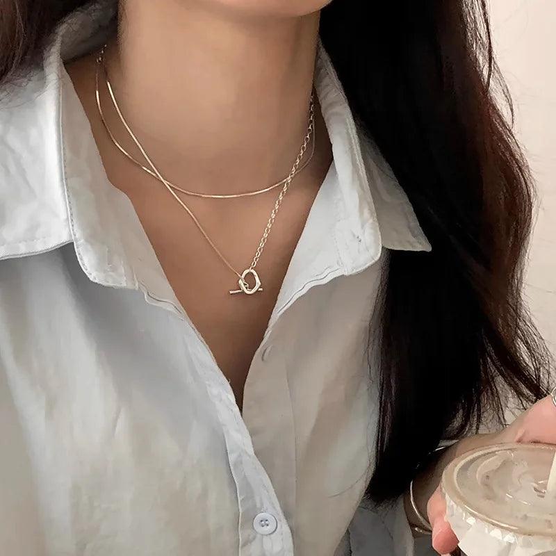 925 Sterling Silver Layered Choker Necklace with Geometric Pendant