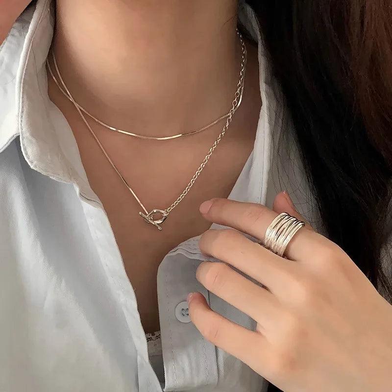 925 Sterling Silver Layered Choker Necklace with Geometric Pendant