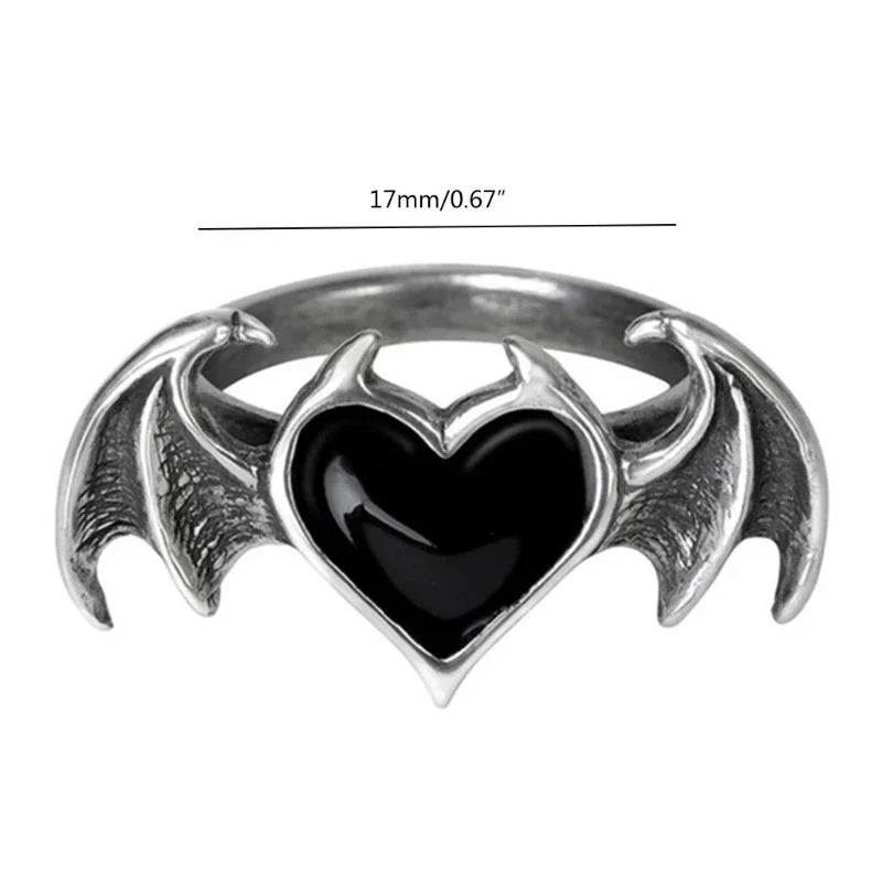 Gothic Heart Ring for Women Hip Hop Devil Wing Rin