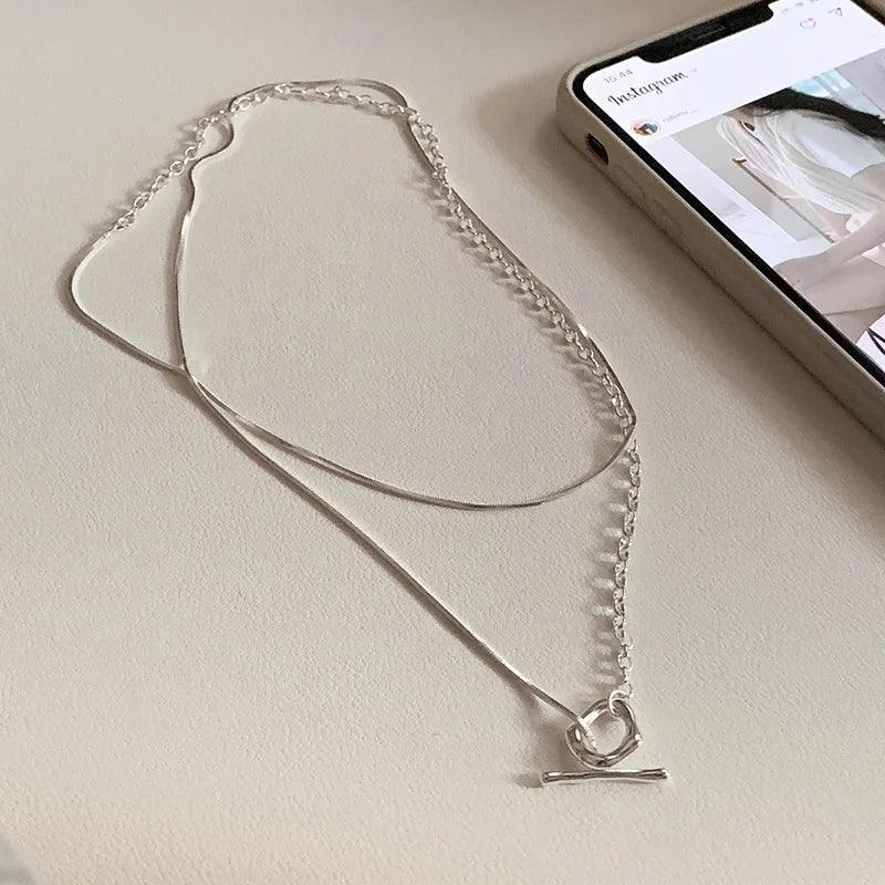 925 Sterling Silver Layered Choker Necklace with Geometric Pendant