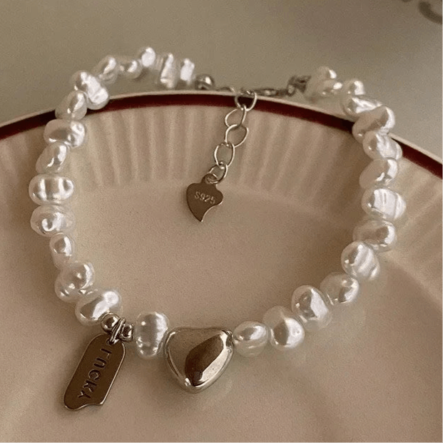 Pearl Bracelet with Gold Heart Charms Bracelets