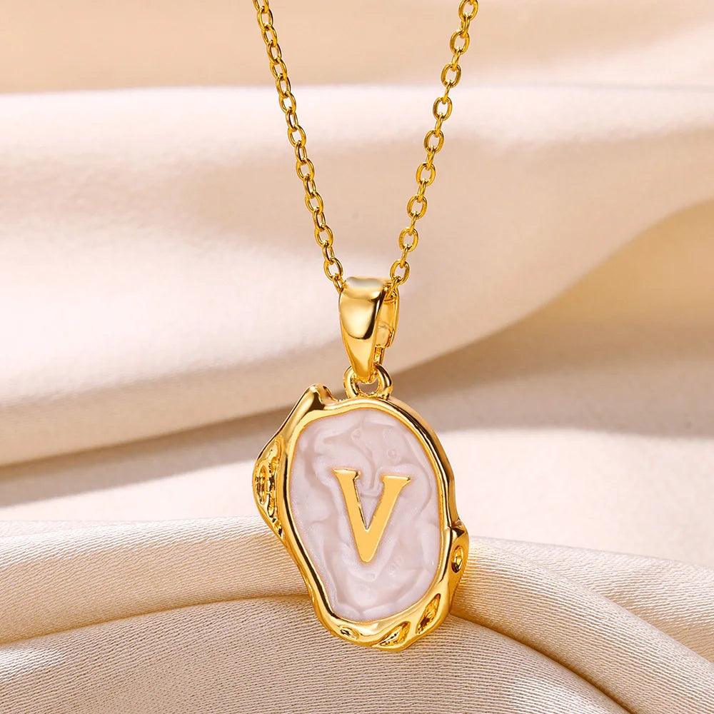 Drip Oil Initial Letter V Pendant Necklace: Gold Plated Jewelry